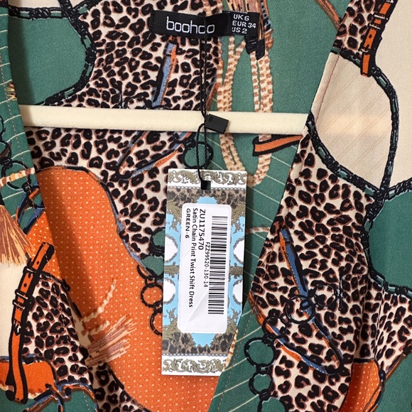 Boohoo - Green/Orange - Satin Chain Print Twist Shift Dress - UK 6/US 2 - NWT - Picture 5 of 12